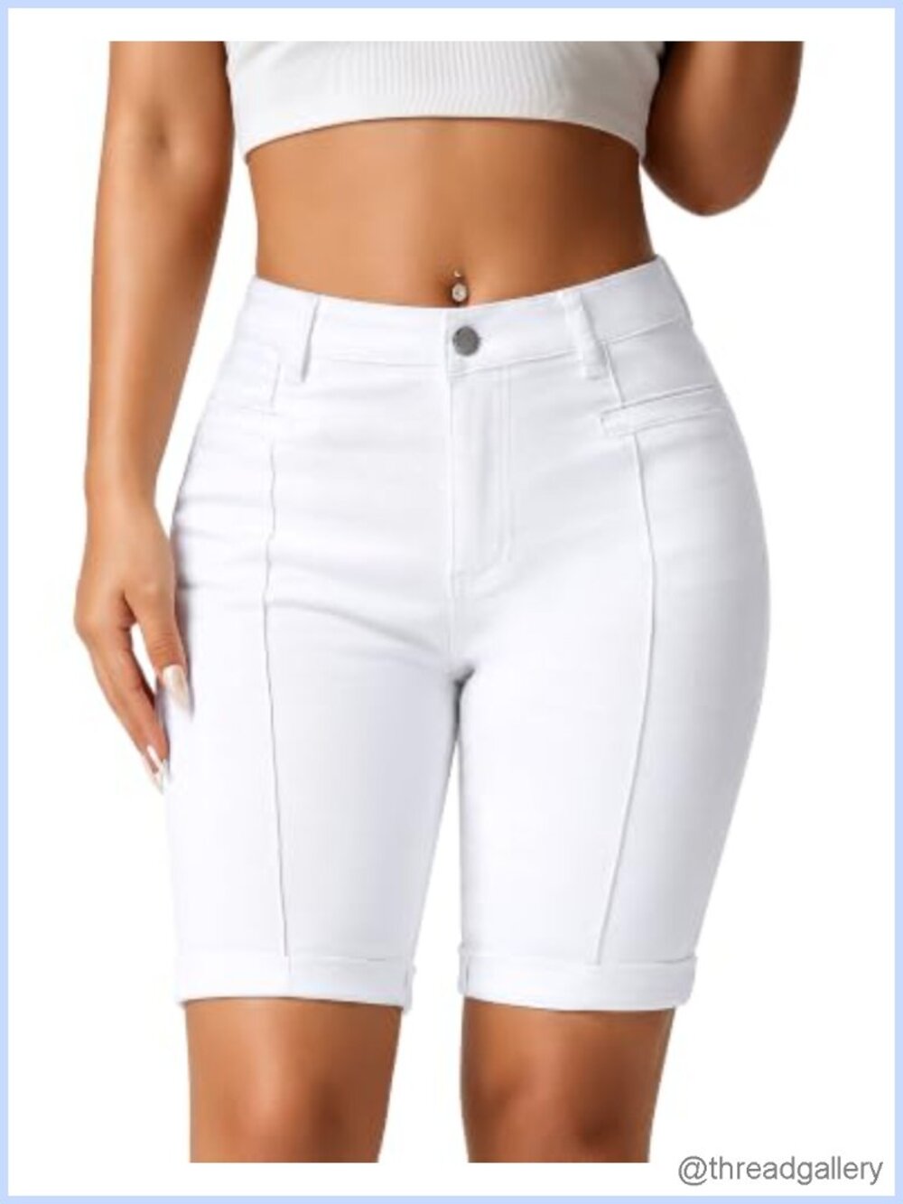 Skinny Knee Length Bermuda Jean Shorts Stretchy Cuffed Hem